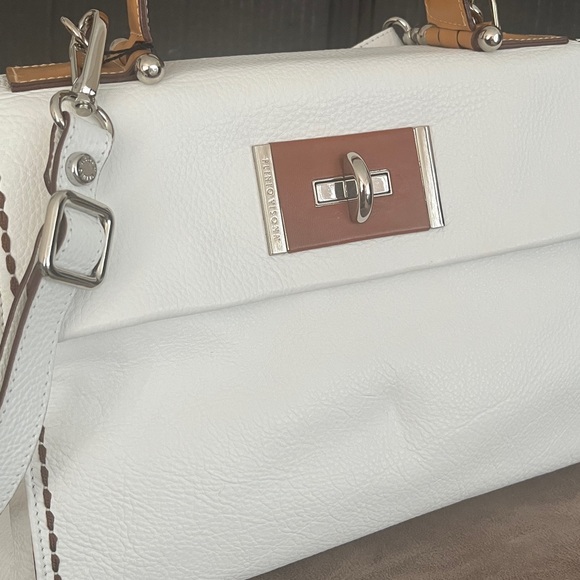 Plinio Visona Handbag. All White Italian Leather Bag with Brown Leather Trim. - Picture 3 of 13